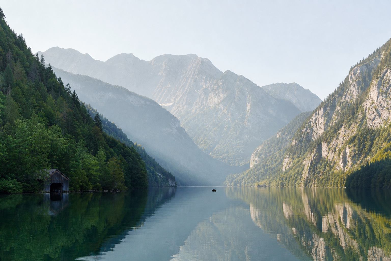 Spiegelglatter Königssee mit bewaldeten Hängen