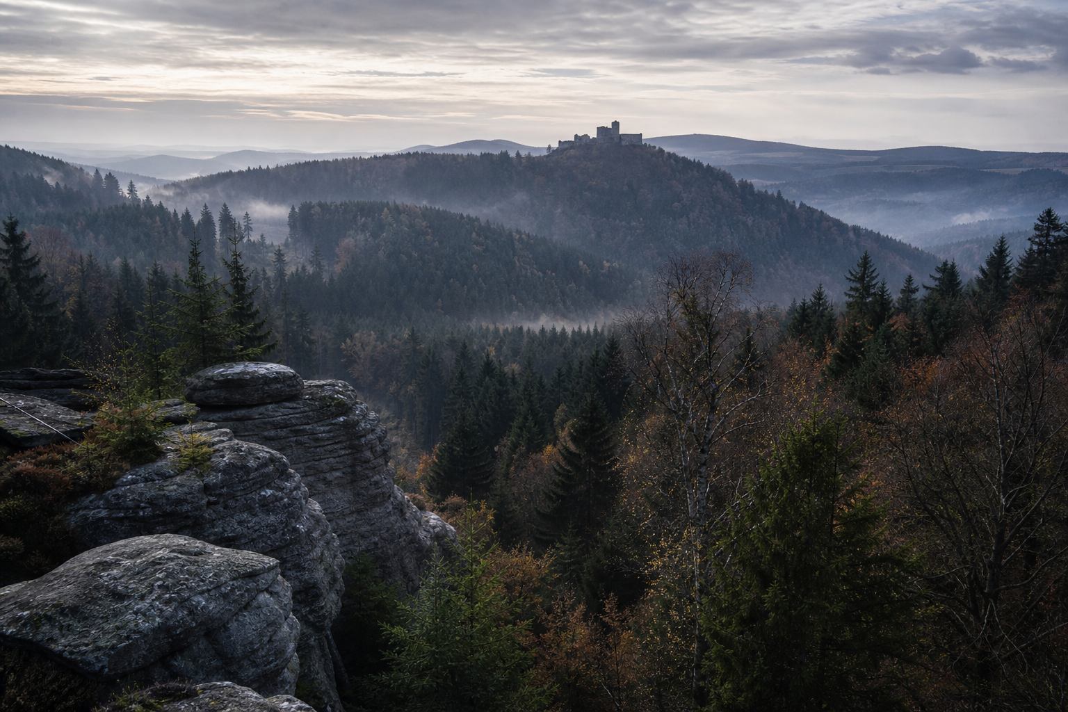 Harzwald mit Festungssilhouette auf dem Kamm