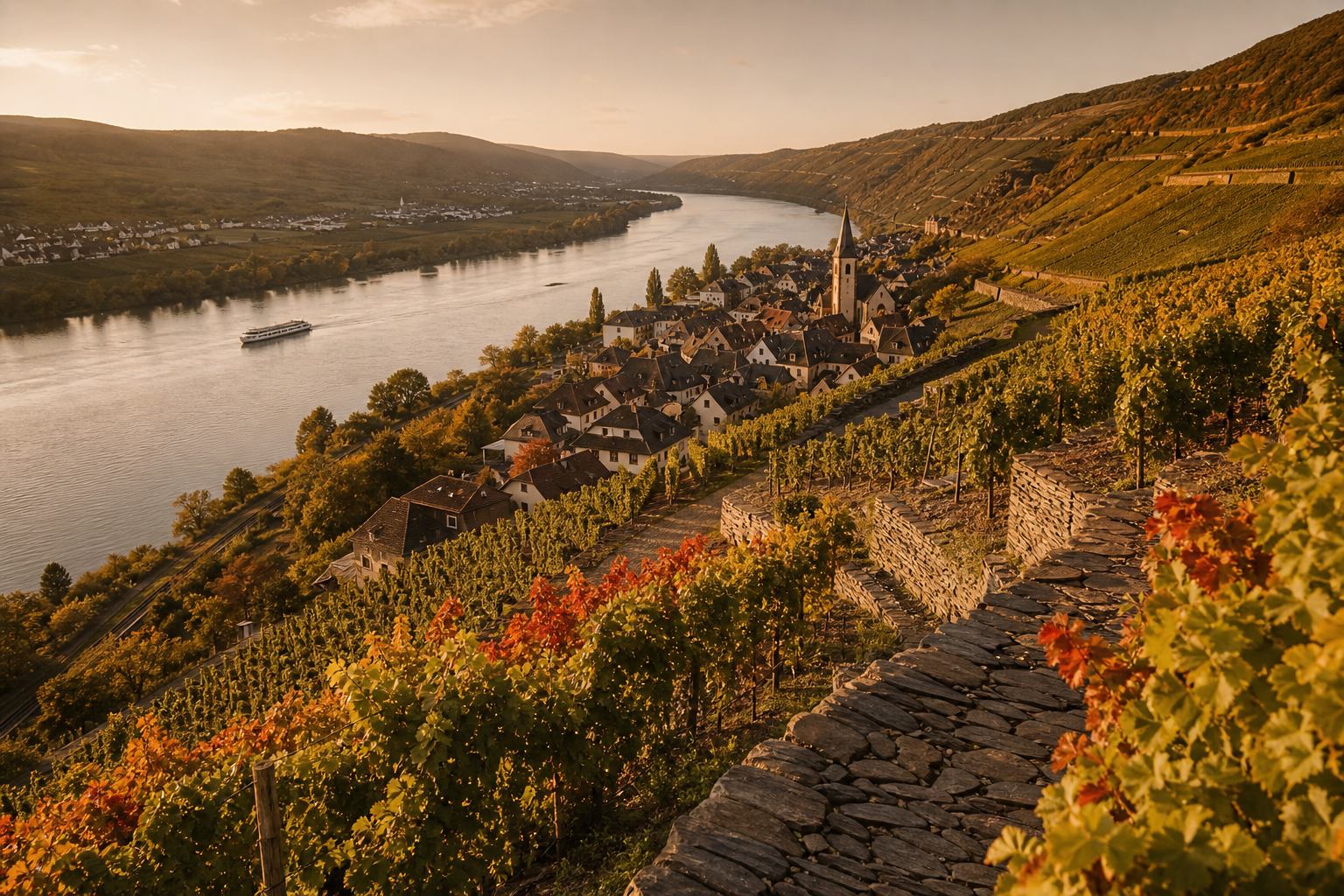 Steile Weinberge und Dorf an der Mosel